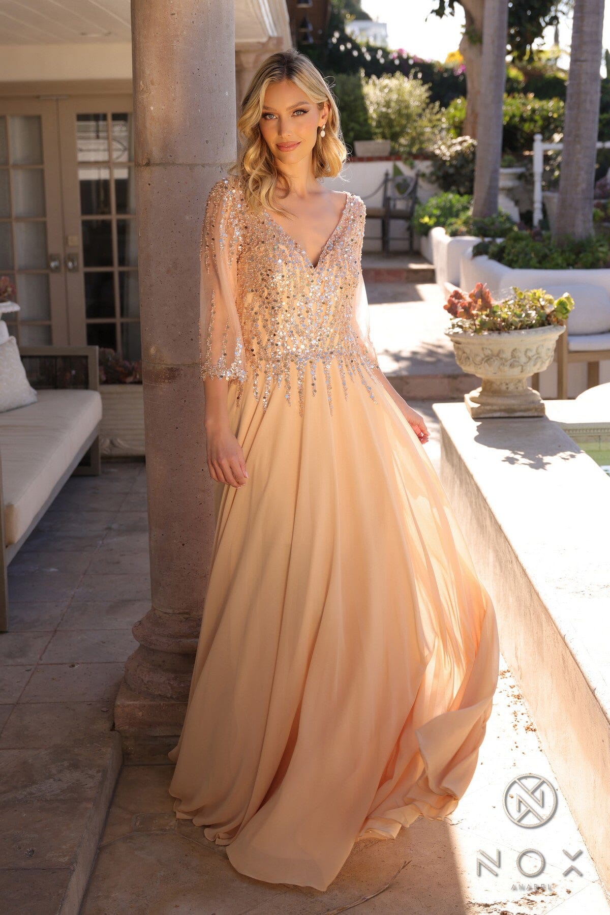 Nox Anabel MF100 Beautiful Sequin Bodice 3/4 Sleeve A-line Gown
