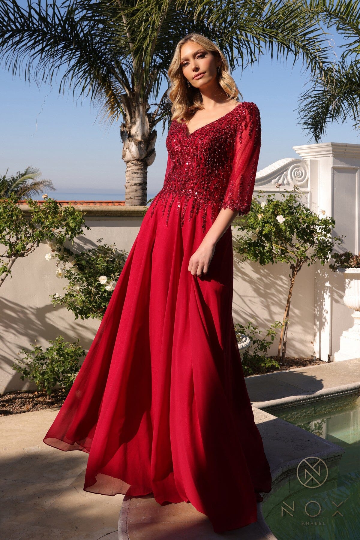 Nox Anabel MF100 Beautiful Sequin Bodice 3/4 Sleeve A-line Gown
