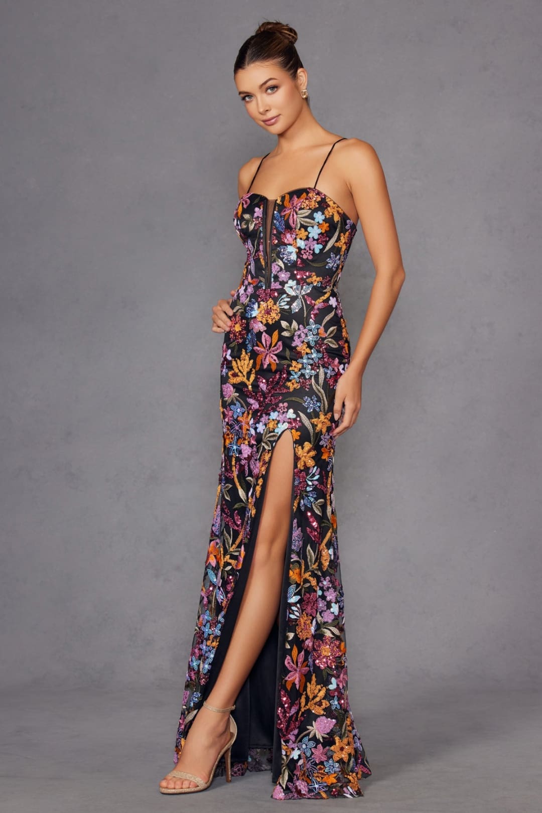 Sequin Print Sleeveless Slit Gown by Juliet JT2498A