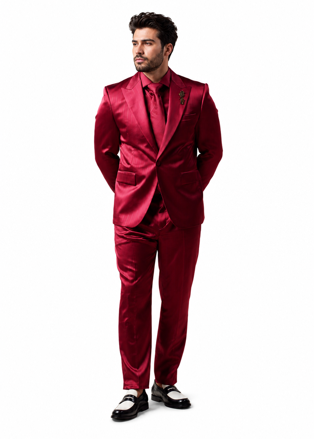 Shiny Satin Charmeuse Metallic Stripe Sheen Monochromatic Pinstripe Suit By Rossiman in Color Burgundy Tailored Fit + Matching Shirt Tie (4-Piece) 50
