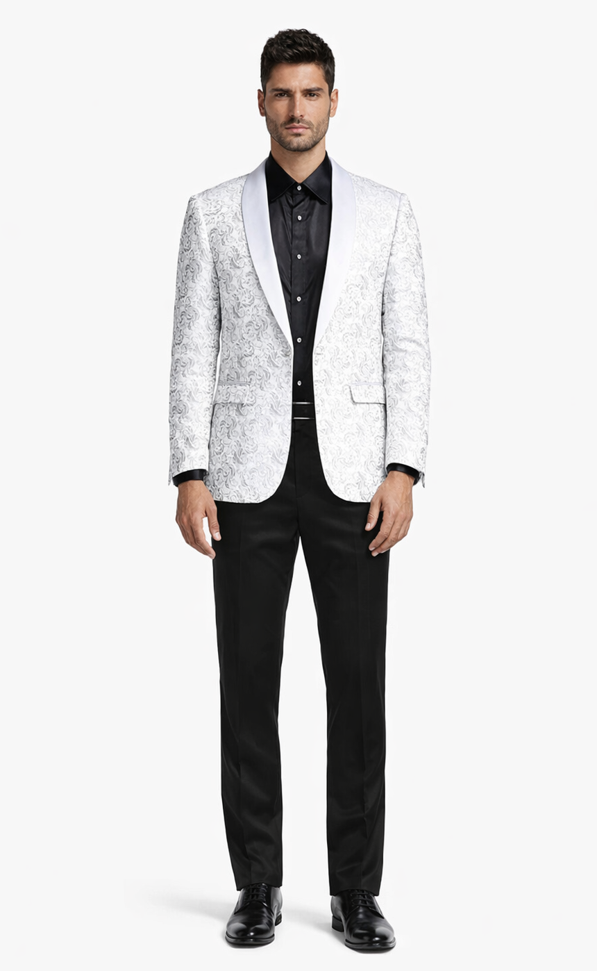 Silver Paisley Tuxedo Jacket with Shawl Lapel β Slim Fit