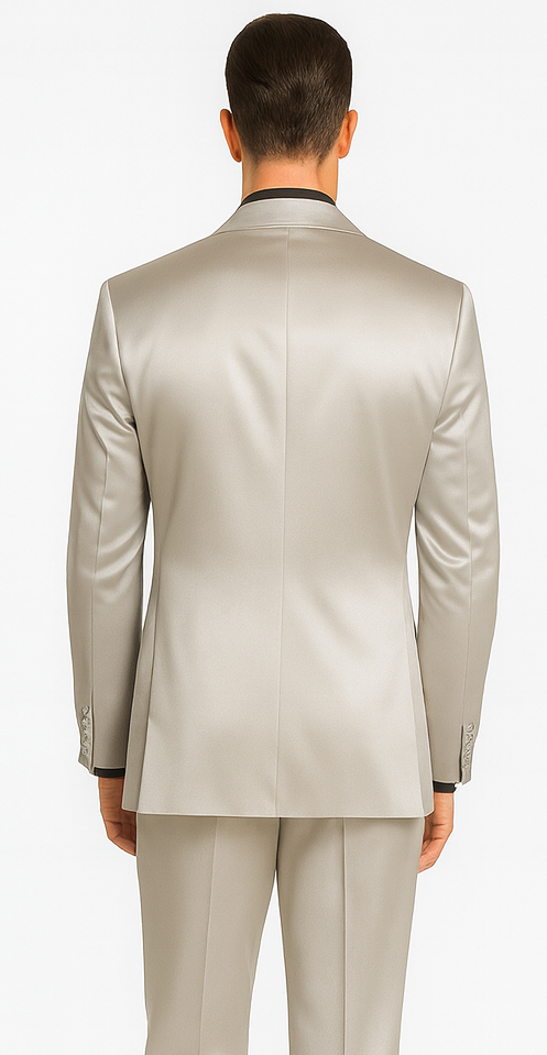 Tazzio Men's Silver Satin 3 Piece Slim Fit Suit with Peak Lapel
