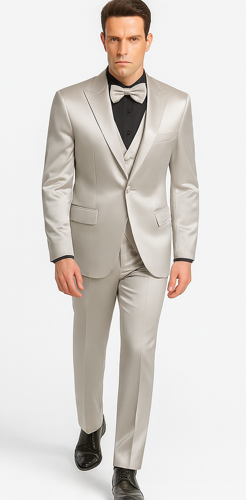 Tazzio Men's Silver Satin 3 Piece Slim Fit Suit with Peak Lapel