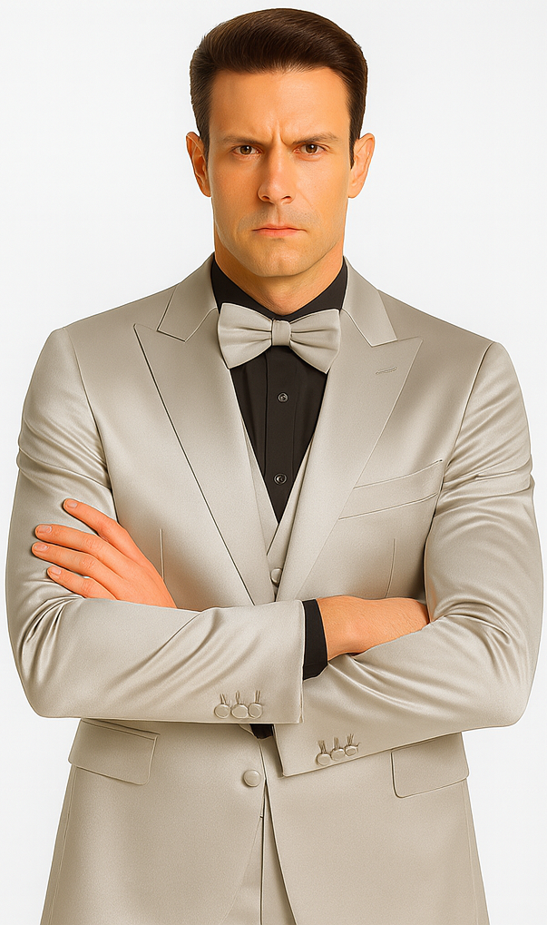 Tazzio Men's Silver Satin 3 Piece Slim Fit Suit with Peak Lapel