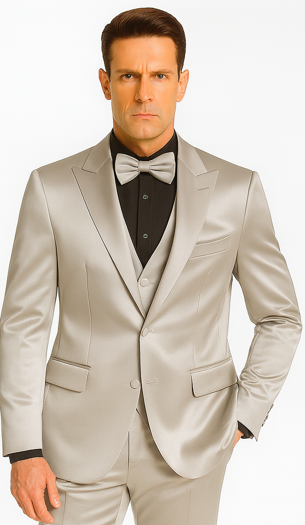 Tazzio Men's Silver Satin 3 Piece Slim Fit Suit with Peak Lapel