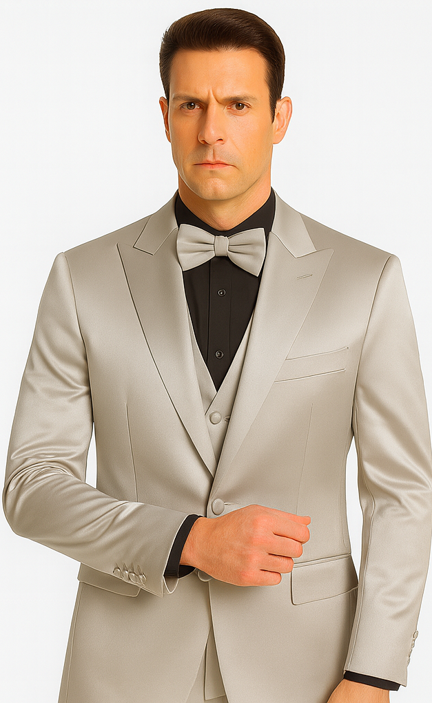 Tazzio Men's Silver Satin 3 Piece Slim Fit Suit with Peak Lapel
