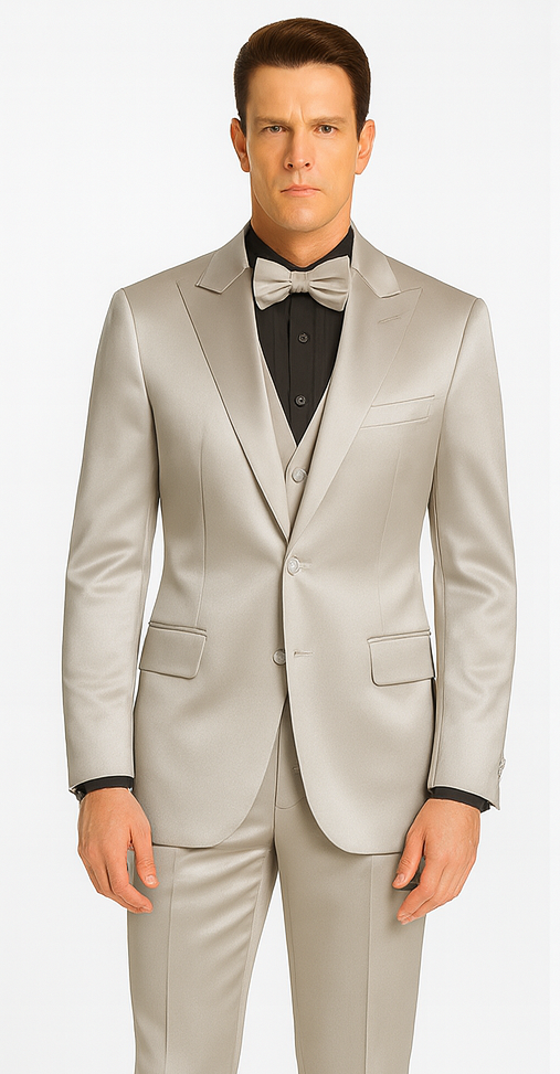 Tazzio Men's Silver Satin 3 Piece Slim Fit Suit with Peak Lapel