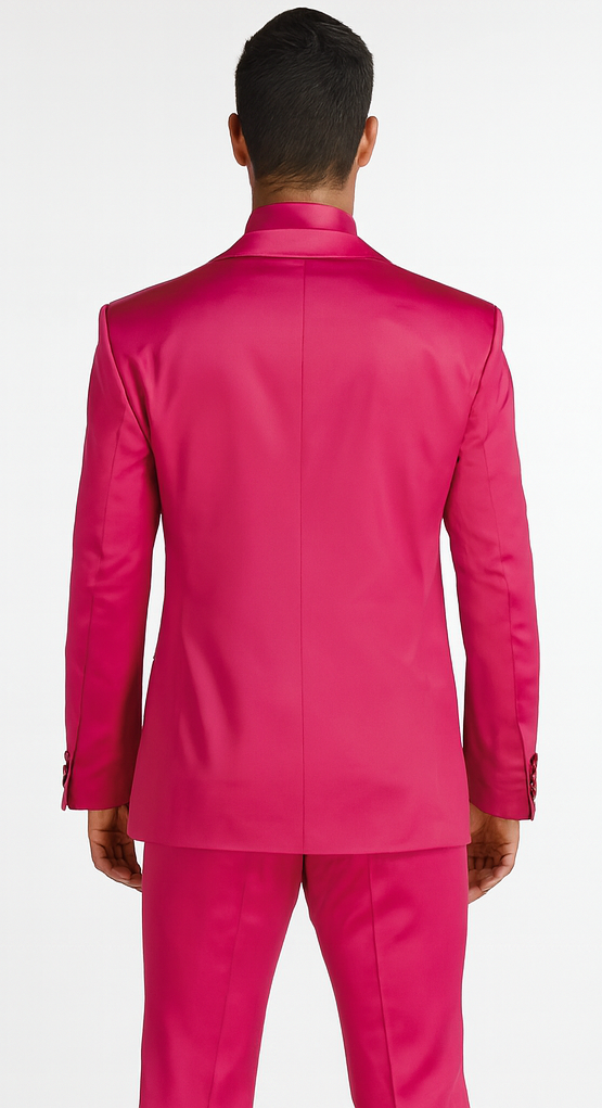 SKU#JA61711 Mens Shiny Blazer - Hot Pink Sateen Vested Suit