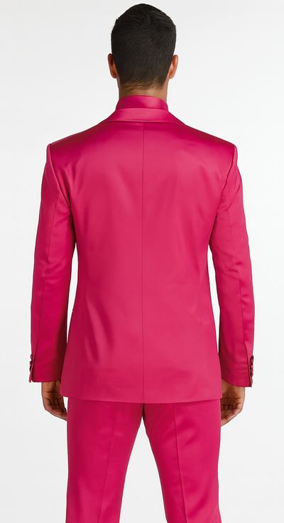 SKU#JA61711 Mens Shiny Blazer - Hot Pink Sateen Vested Suit