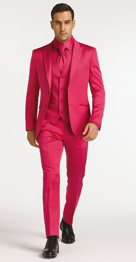 SKU#JA61711 Mens Shiny Blazer - Hot Pink Sateen Vested Suit