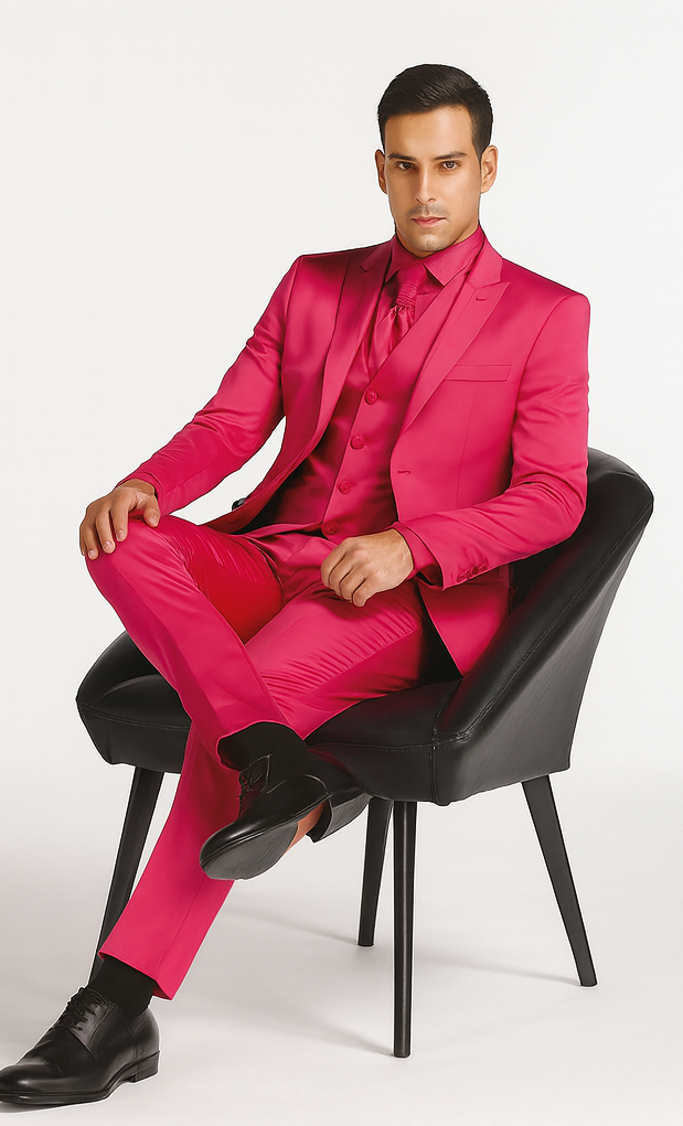 SKU#JA61711 Mens Shiny Blazer - Hot Pink Sateen Vested Suit