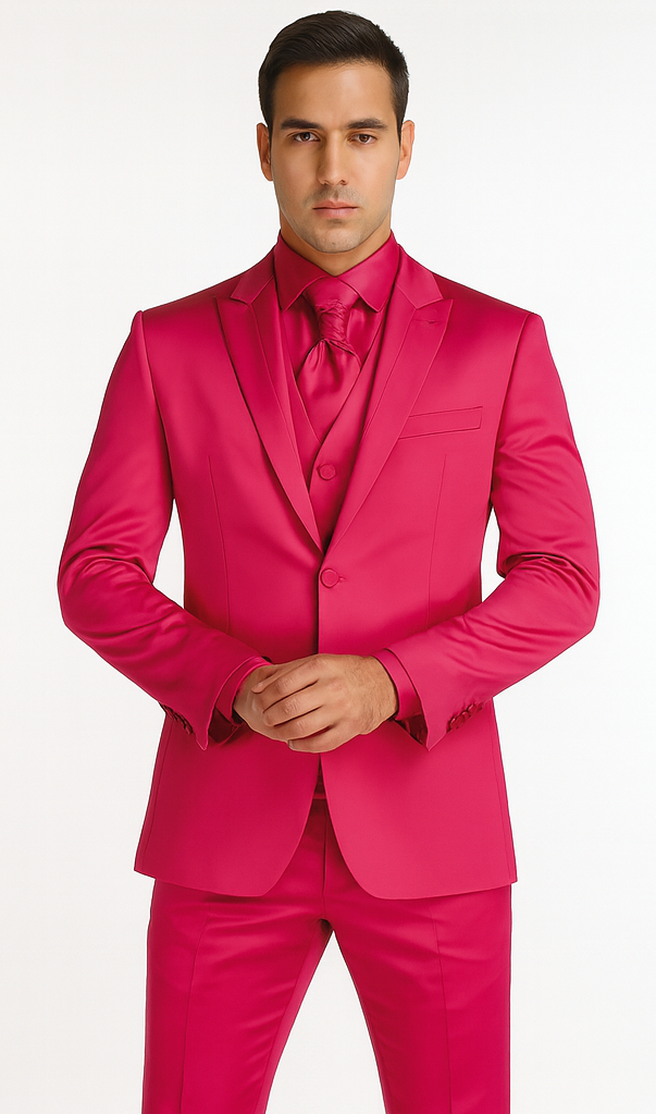 SKU#JA61711 Mens Shiny Blazer - Hot Pink Sateen Vested Suit