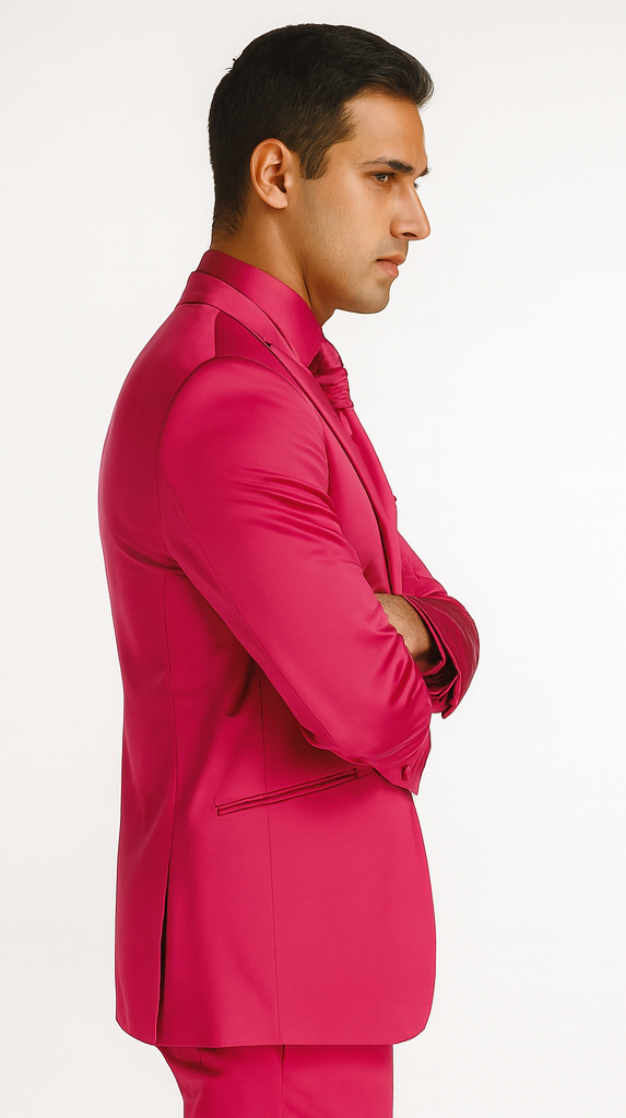 SKU#JA61711 Mens Shiny Blazer - Hot Pink Sateen Vested Suit