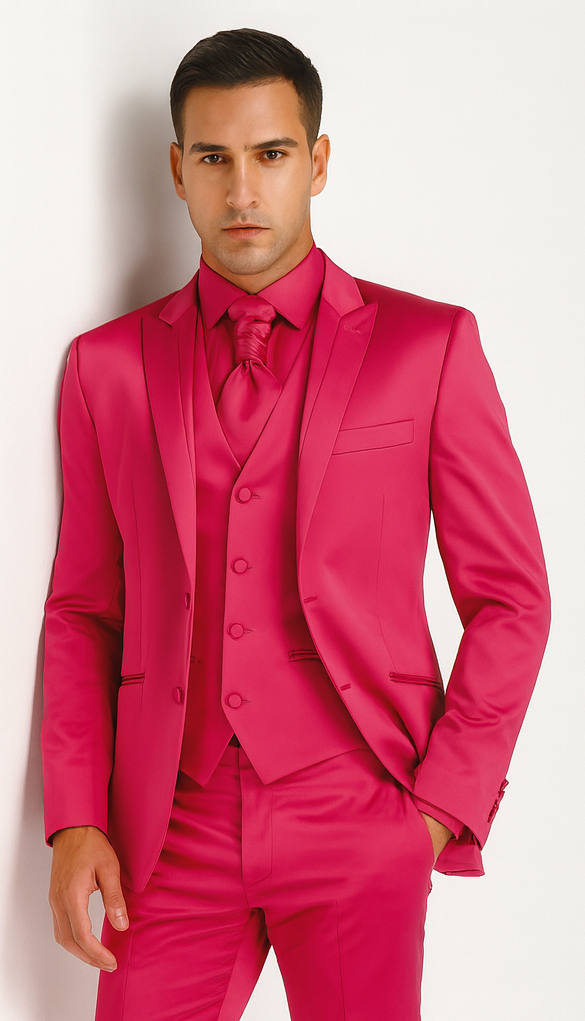 SKU#JA61711 Mens Shiny Blazer - Hot Pink Sateen Vested Suit