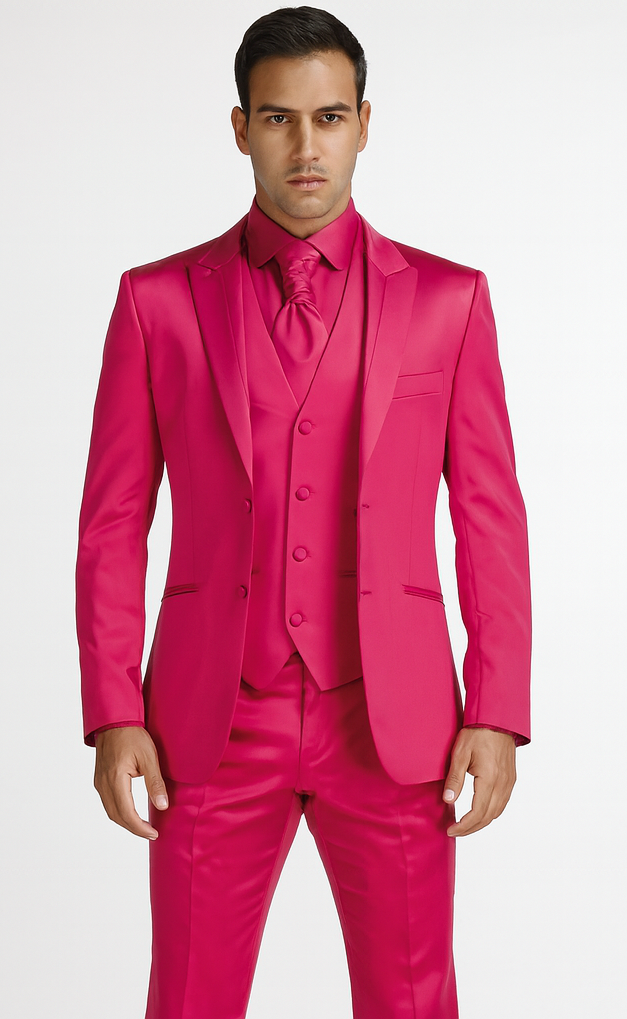 SKU#JA61711 Mens Shiny Blazer - Hot Pink Sateen Vested Suit