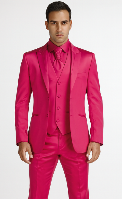 SKU#JA61711 Mens Shiny Blazer - Hot Pink Sateen Vested Suit