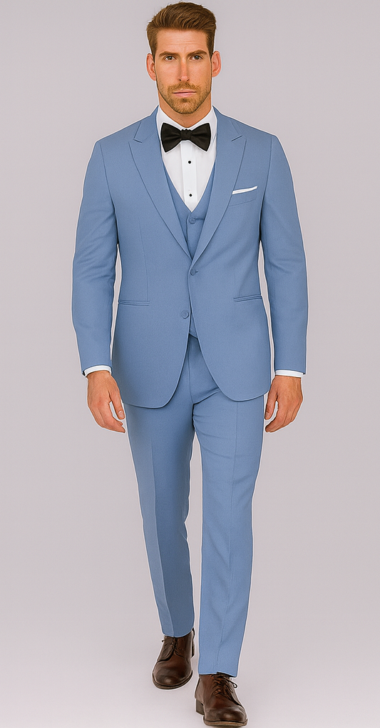Sky Blue ~ Powder Steel Blue Suit 2 button Vested Flat Front Pants - Dusty Blue Suit
