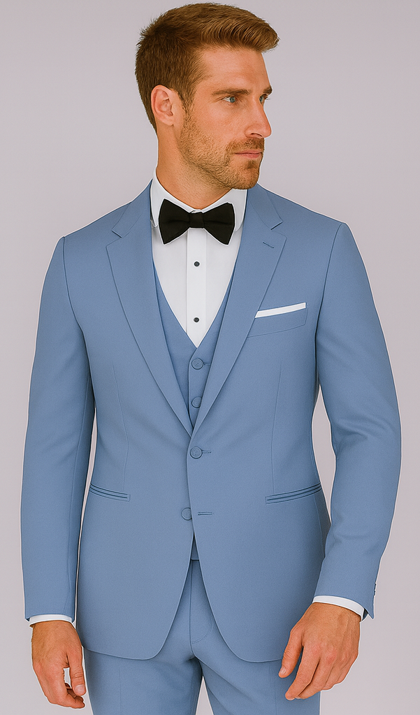 Sky Blue ~ Powder Steel Blue Suit 2 button Vested Flat Front Pants - Dusty Blue Suit