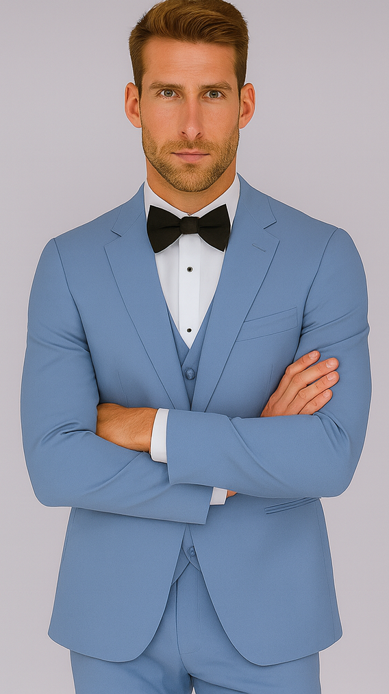 Sky Blue ~ Powder Steel Blue Suit 2 button Vested Flat Front Pants - Dusty Blue Suit