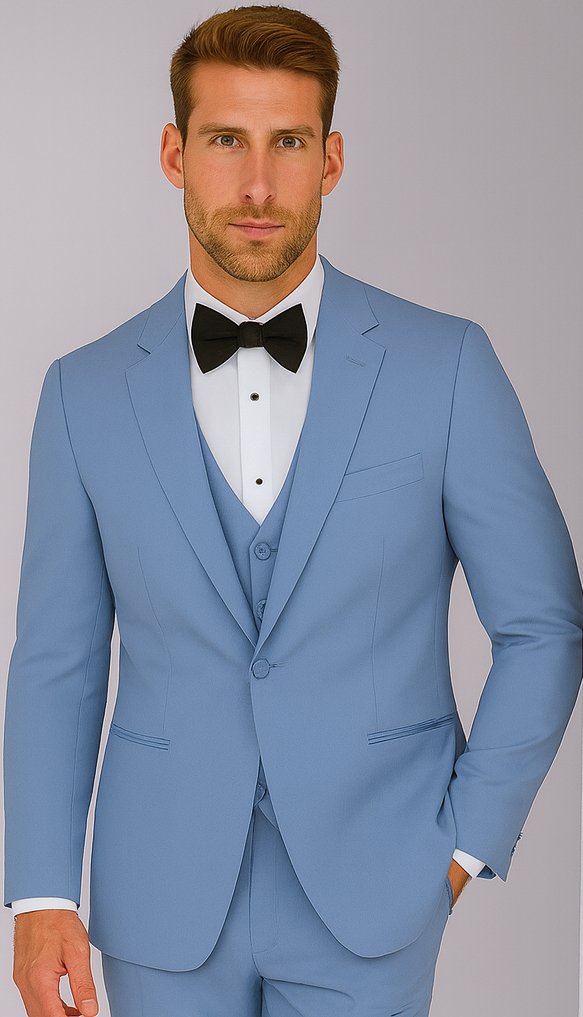 Sky Blue ~ Powder Steel Blue Suit 2 button Vested Flat Front Pants - Dusty Blue Suit