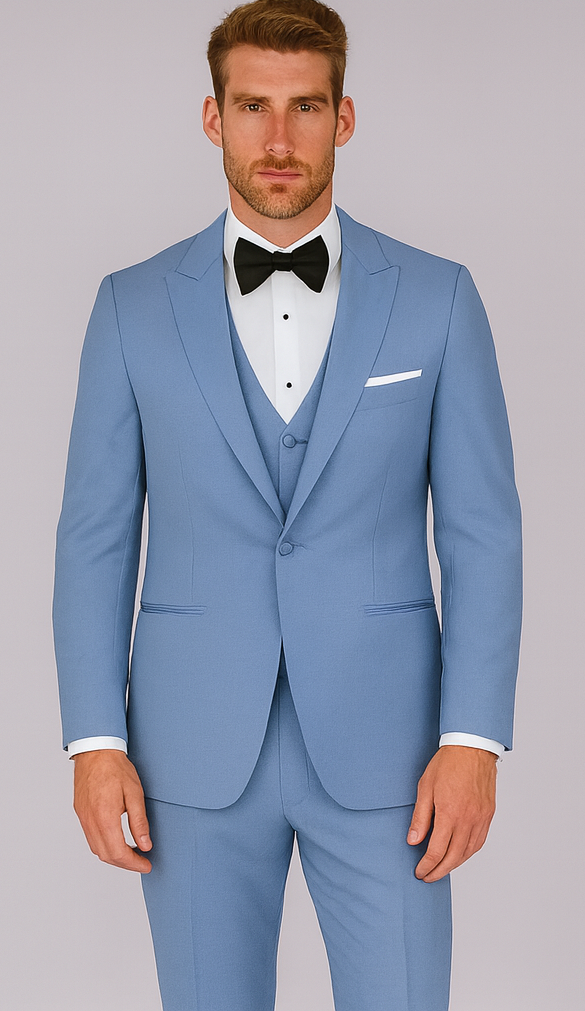 Sky Blue ~ Powder Steel Blue Suit 2 button Vested Flat Front Pants - Dusty Blue Suit