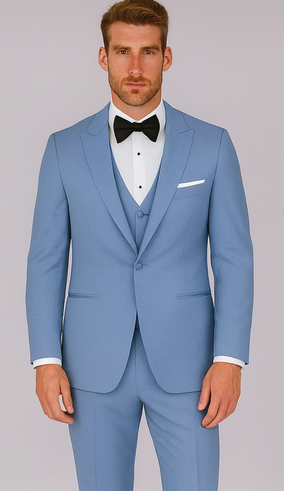 Sky Blue ~ Powder Steel Blue Suit 2 button Vested Flat Front Pants - Dusty Blue Suit