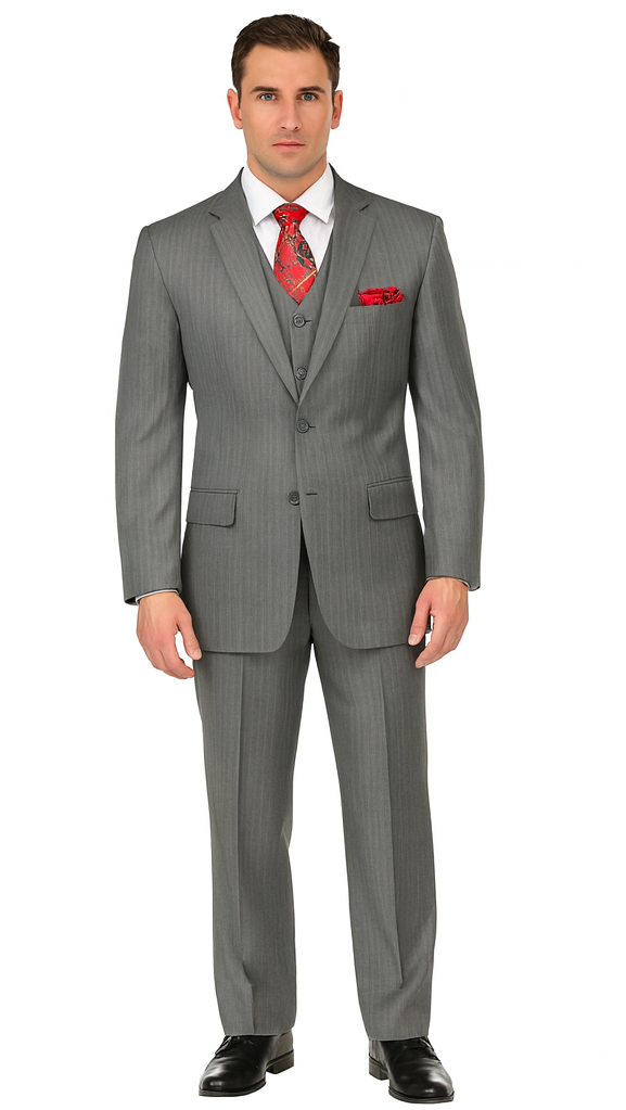 Sovana Collection - Regular Fit 3 Piece Suit 2 Button Tone on Tone Stripe in Gray