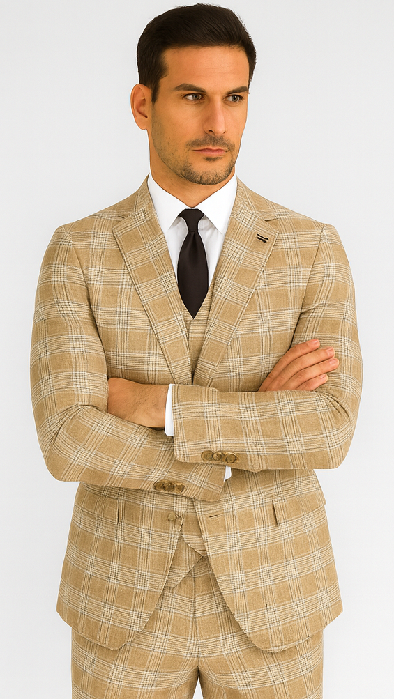 Stacy Adams Mens Plaid Suit Beige