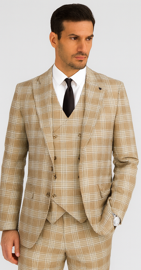 Stacy Adams Mens Plaid Suit Beige