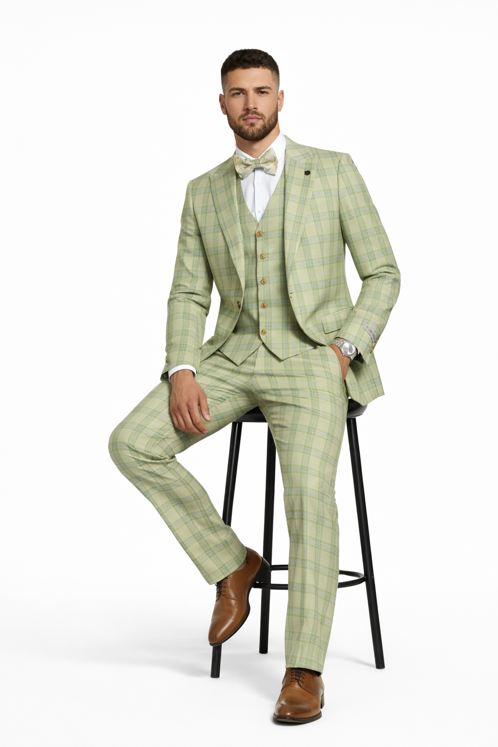 Stacy Adams Plaid Suit with Paisley Vest & Bow Tie