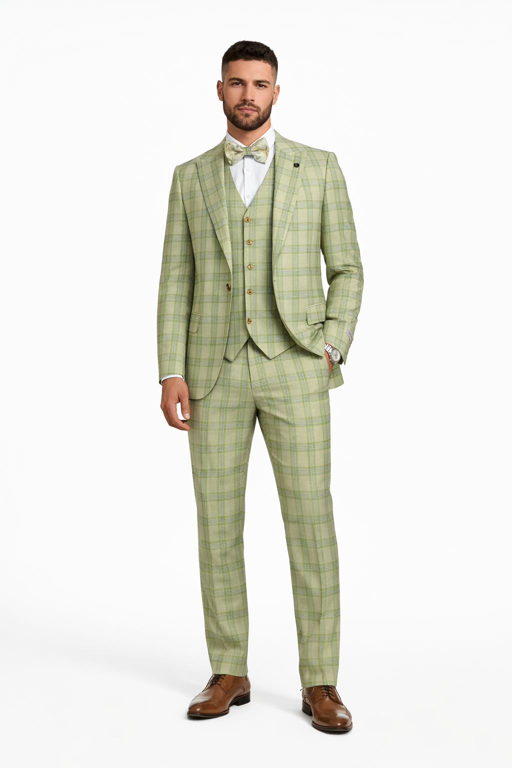 Stacy Adams Plaid Suit with Paisley Vest & Bow Tie
