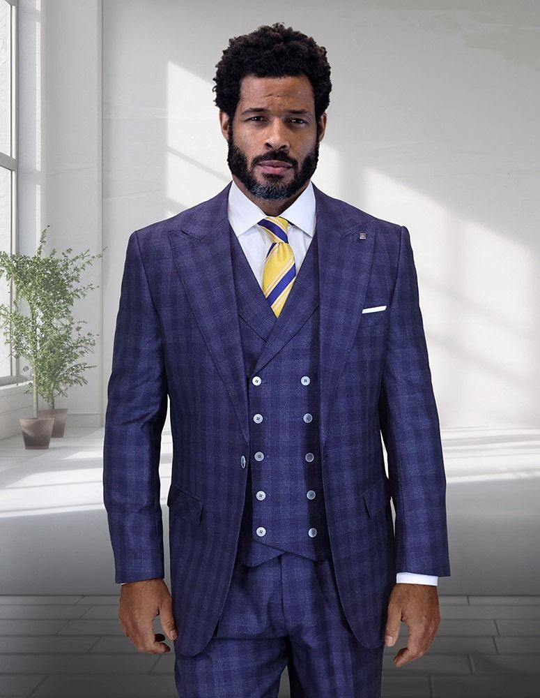 Statement Mens Classic Fit 3 Piece 100% Super 200s Wool Windowpane Plaid Suit β Wide Leg Pleated Pants