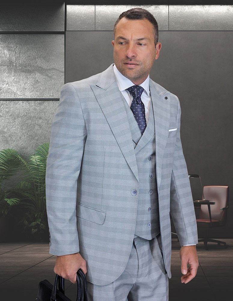 Statement Mens Classic Fit 3 Piece 100% Wool Windowpane Plaid Suit β Wide Leg Pleated Pants