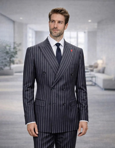 Statement Mens Modern Fit 2 Piece 100% Super 200s Wool Pinstripe Suit β Double Breasted Peak Lapel