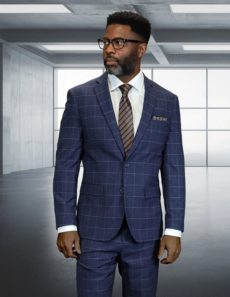 Statement Mens Modern Fit 2 Piece 100% Super 200s Wool Sharp Windowpane Plaid Suit β Single Breasted Notch Lapel Jacket