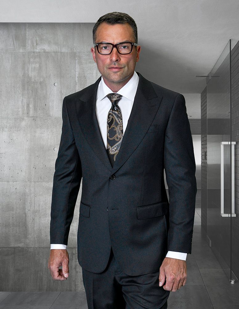 Statement Mens Modern Fit 2 Piece 100% Super 200s Wool Suit β Peak Lapel with Pick Stitching