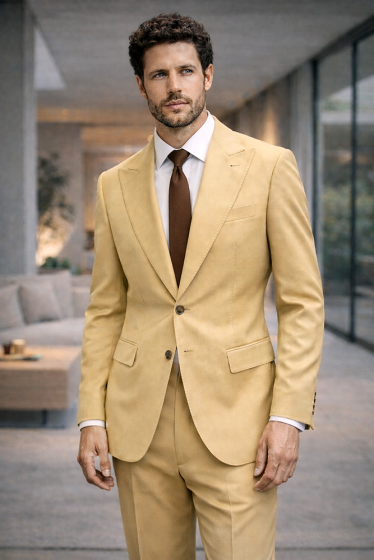 Statement Mens Modern Fit 2 Piece 100% Super 200s Wool Suit β Peak Lapel with Pick Stitching