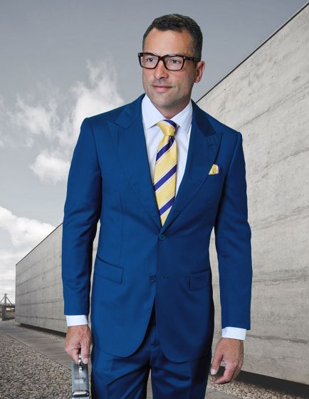Statement Mens Modern Fit 2 Piece 100% Super 200s Wool Suit β Peak Lapel with Pick Stitching