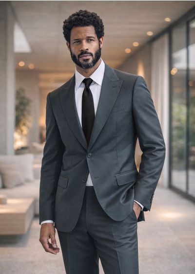 Statement Mens Modern Fit 2 Piece 100% Super 200s Wool Suit β Peak Lapel with Pick Stitching