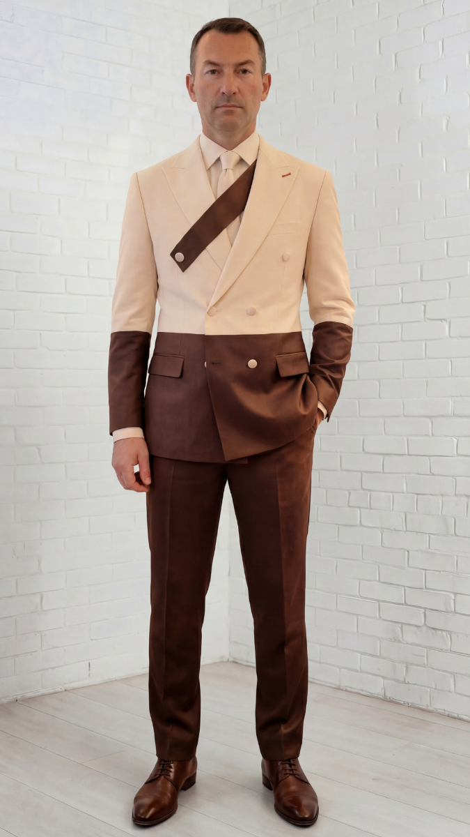 Statement Mens Modern Fit 2 Piece 100% Super 200s Wool Two Tone Suit β Double Breasted Peak Lapel Jacket with Chest Strap