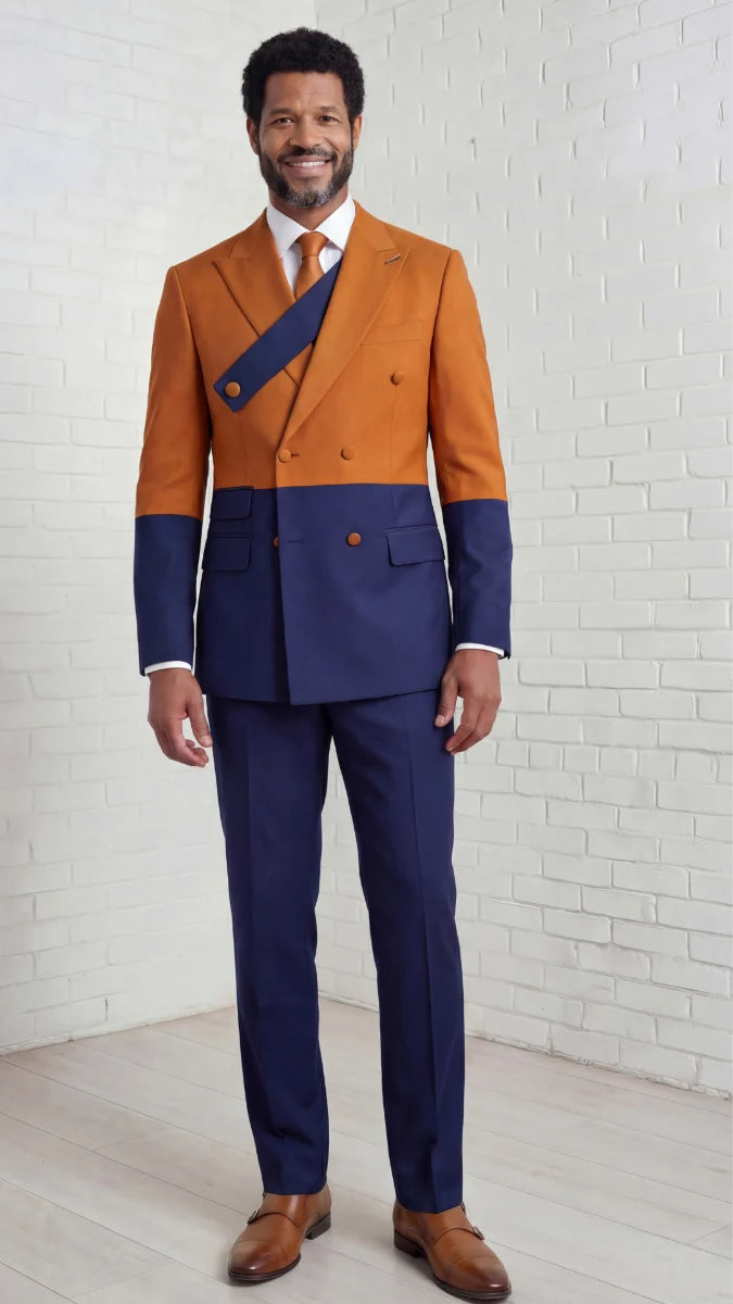 Statement Mens Modern Fit 2 Piece 100% Super 200s Wool Two Tone Suit β Double Breasted Peak Lapel Jacket with Chest Strap