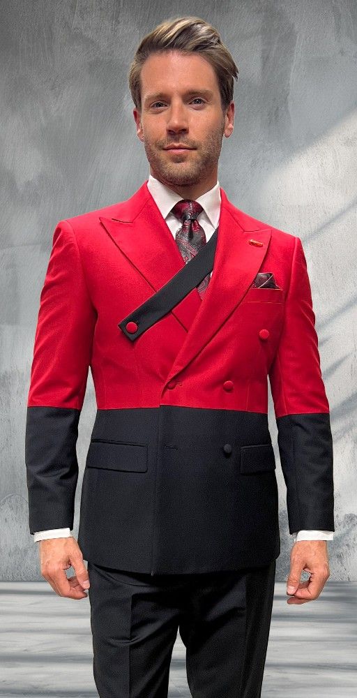Statement Mens Modern Fit 2 Piece 100% Super 200s Wool Two Tone Suit β Double Breasted Peak Lapel Jacket with Chest Strap