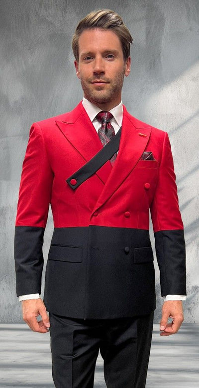 Statement Mens Modern Fit 2 Piece 100% Super 200s Wool Two Tone Suit β Double Breasted Peak Lapel Jacket with Chest Strap