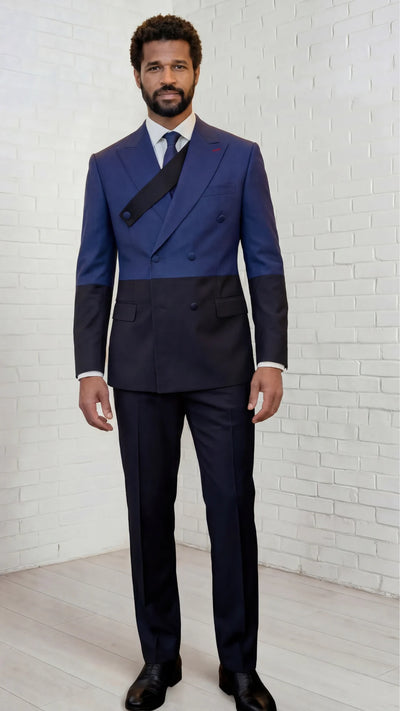 Statement Mens Modern Fit 2 Piece 100% Super 200s Wool Two Tone Suit β Double Breasted Peak Lapel Jacket with Chest Strap