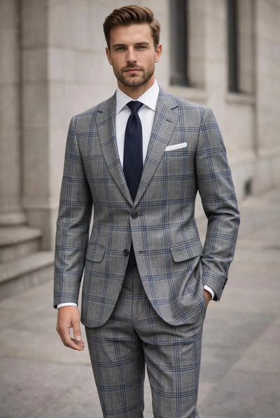 Statement Mens Modern Fit 2 Piece 100% Super 200s Wool Windowpane Plaid Suit β Single Breasted Notch Lapel Jacket
