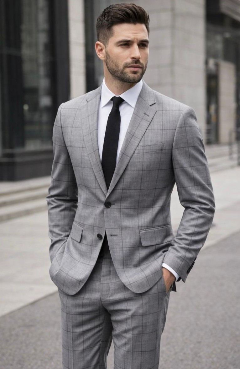 Statement Mens Modern Fit 2 Piece 100% Super 200s Wool Windowpane Suit β Single Breasted Notch Lapel Jacket