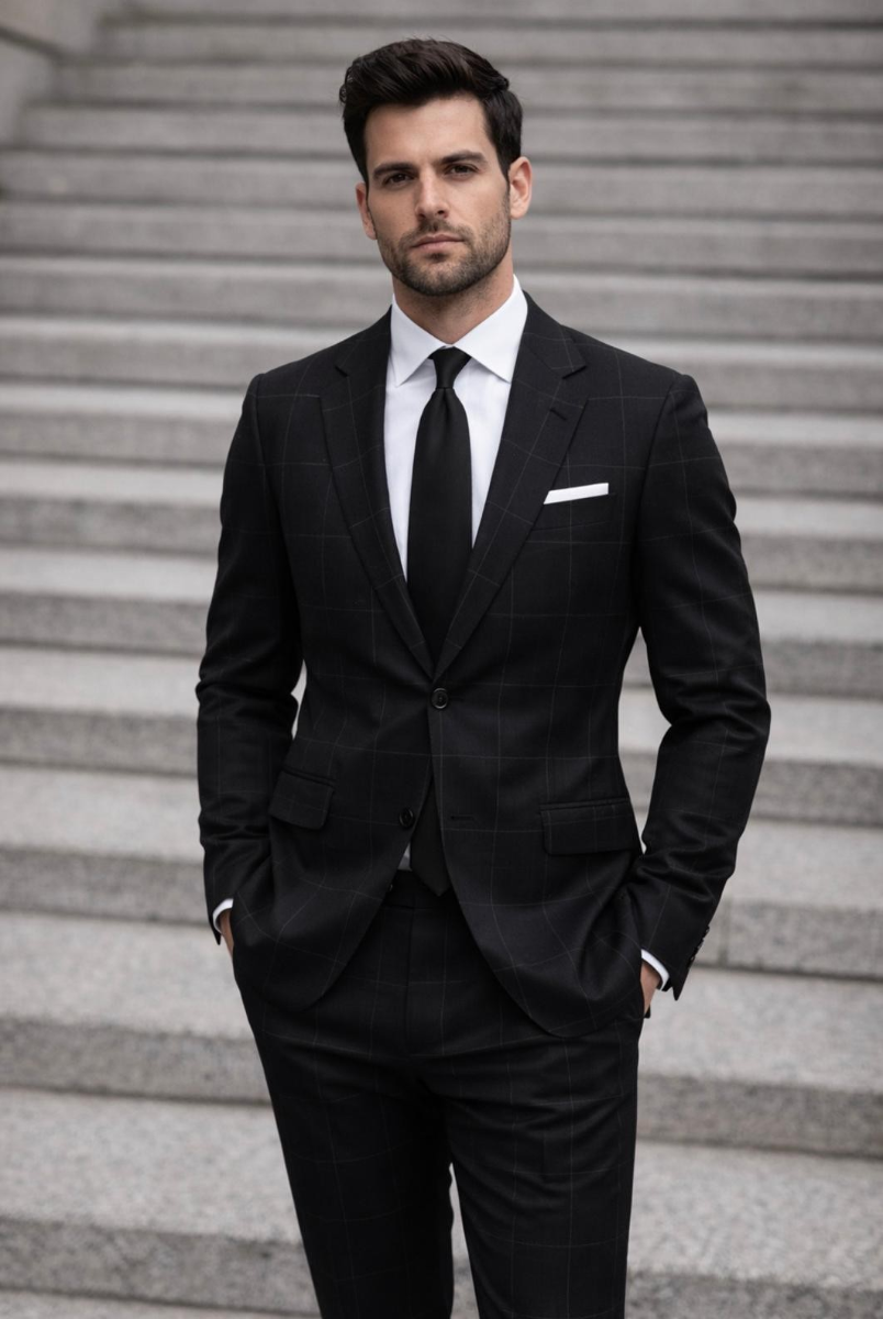 Statement Mens Modern Fit 2 Piece 100% Wool Sharp Windowpane Suit β Single Breasted Notch Lapel Jacket