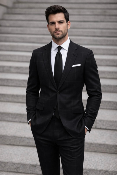 Statement Mens Modern Fit 2 Piece 100% Wool Sharp Windowpane Suit β Single Breasted Notch Lapel Jacket