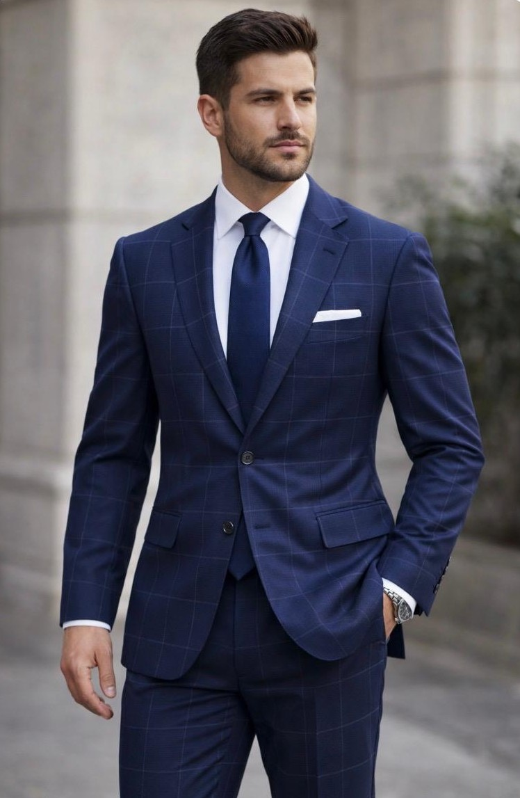 Statement Mens Modern Fit 2 Piece 100% Wool Sharp Windowpane Suit β Single Breasted Notch Lapel Jacket
