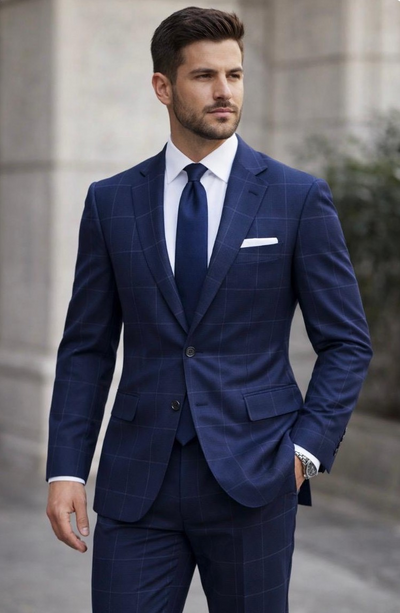 Statement Mens Modern Fit 2 Piece 100% Wool Sharp Windowpane Suit β Single Breasted Notch Lapel Jacket